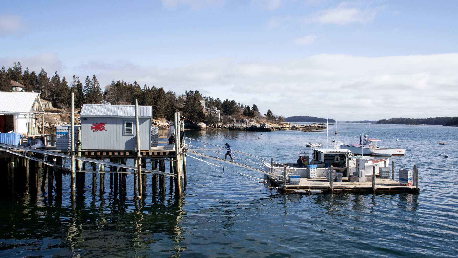 A person walks up a ramp from a fishing boat at a floating dock to a pier in the working harbor of Stonington, Maine.